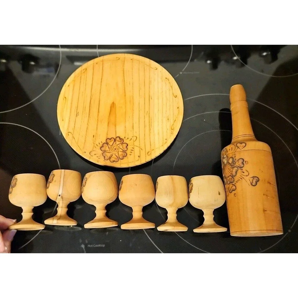 Vintage Burnt Wooden Pyrography Folk Art Decanter w\ Small Platter and 6 Goblets